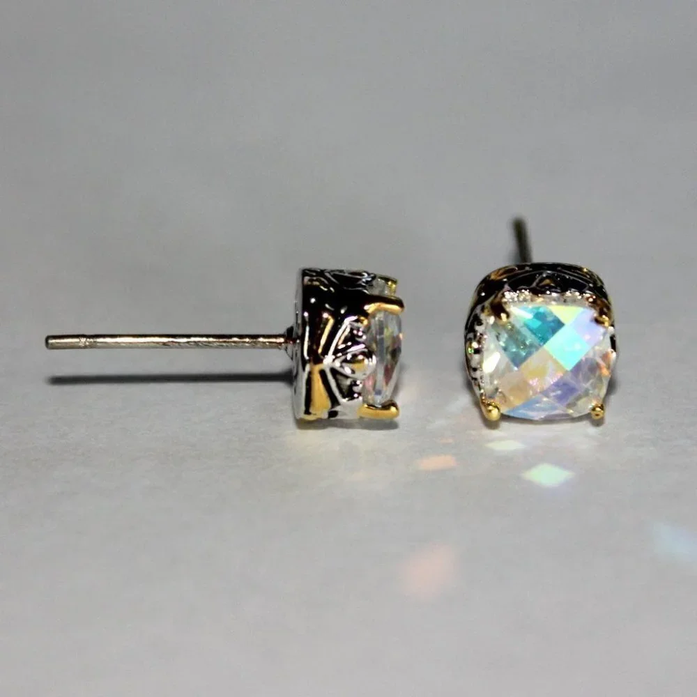 6mm Aurora Borealis Two Tone Throne Room Mini CZ Checkerboard Cut Stud Earrings
